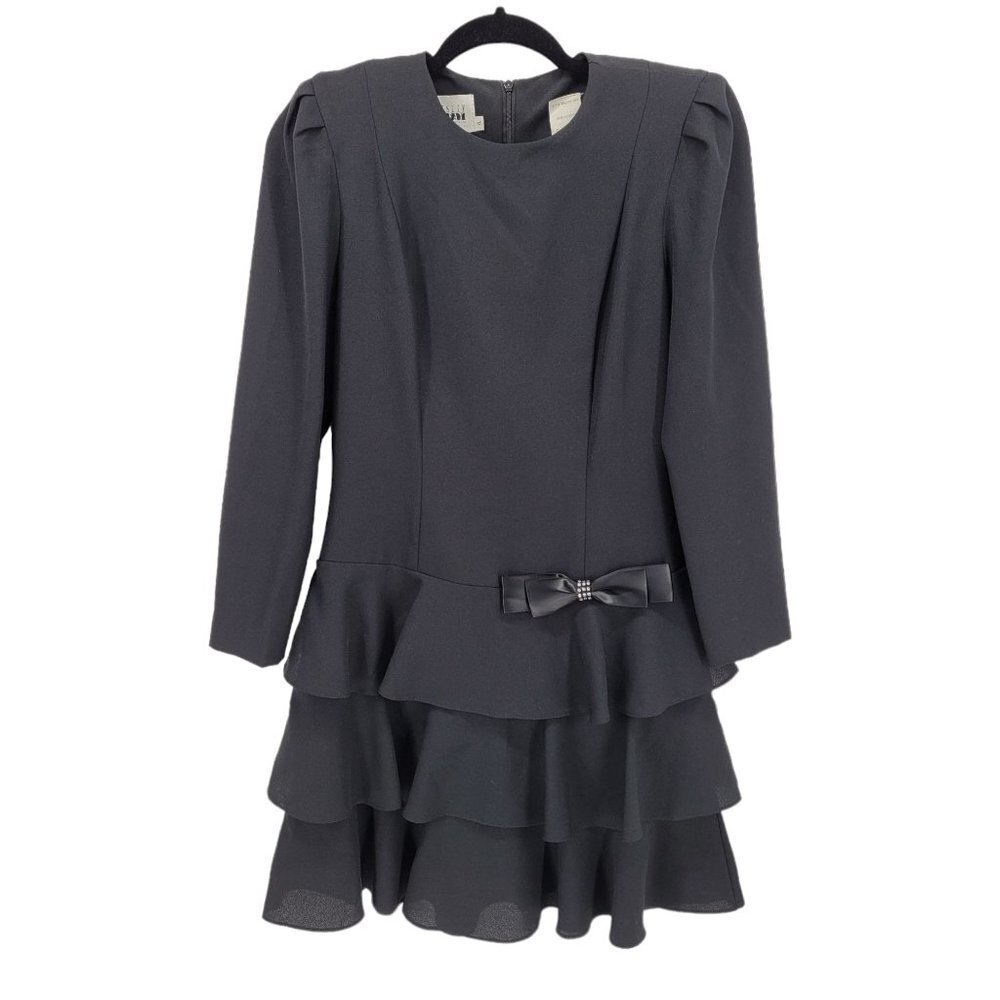 Leslie fay Womens size 4 black tiered ruffle satin bow dress vintage Union tag